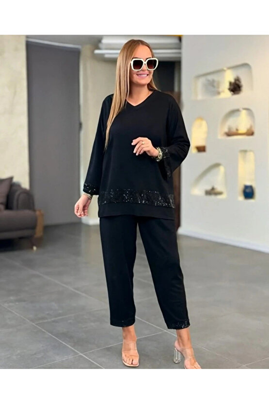 Kadın Uzun Kollu V Yakalı Pulpayet Viskon Iki Iplik Bluz Ve Pantolon Takım