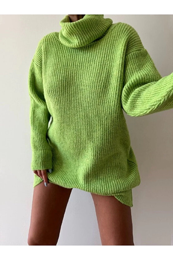 Yeşil Boğazlı Triko Elbise