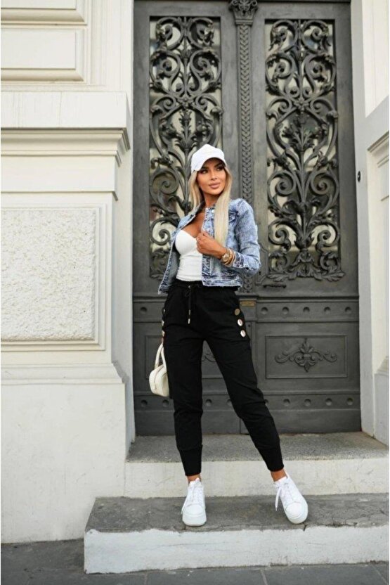 Kadın Yüksek Bel Lastikli Yanlardan Düğmeli Viskon Iki Iplik Pantolon