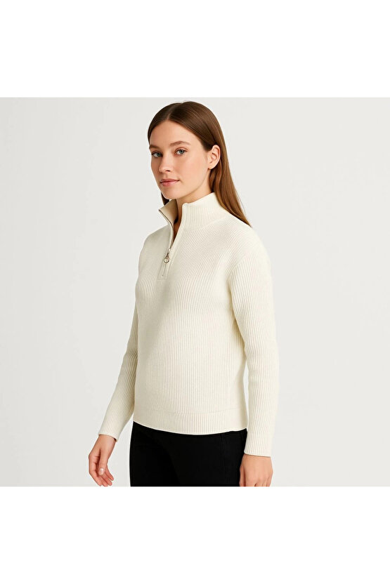 KADIN Yarım Fermuarlı Triko Kazak – Selanik Örgü, Dik Yaka, Pamuklu Dokuma, Oversize Uzun Kollu Kışl