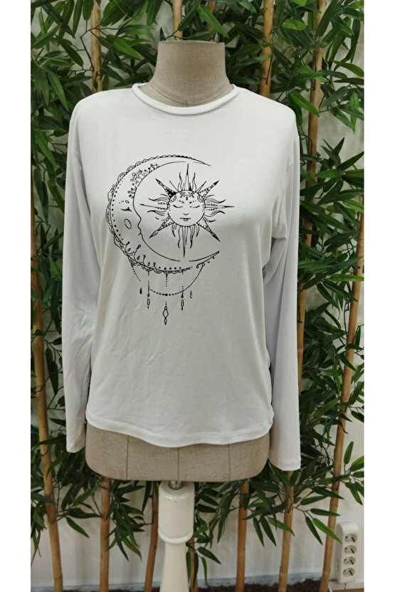 Kadın Uzun Kollu Bisiklet Yaka Ay Baskılı Viskon Bluz