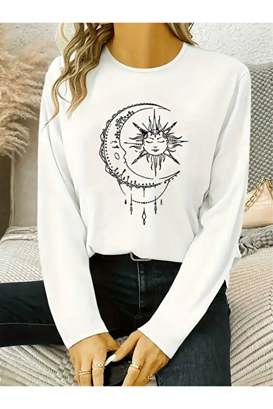 Kadın Uzun Kollu Bisiklet Yaka Ay Baskılı Viskon Bluz