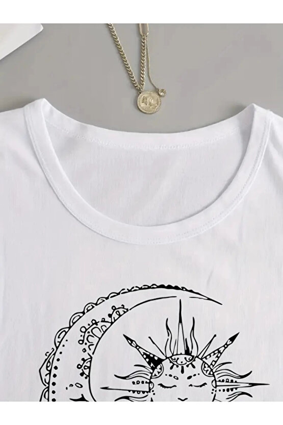 Kadın Uzun Kollu Bisiklet Yaka Ay Baskılı Viskon Bluz