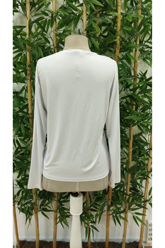 Kadın Uzun Kollu Bisiklet Yaka Ay Baskılı Viskon Bluz