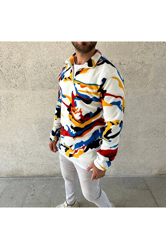 Erkek Yarım Fermuarlı Desenli Polar Sweat – Renkli Abstract Desen Yakalı, Uzun Kollu, Oversize Rahat