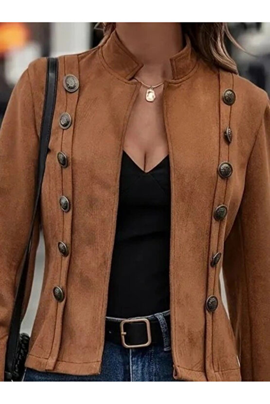 Kadın Uzun Kollu Hakim Yaka Yanlardan Düğmeli Kısa Süet Ceket