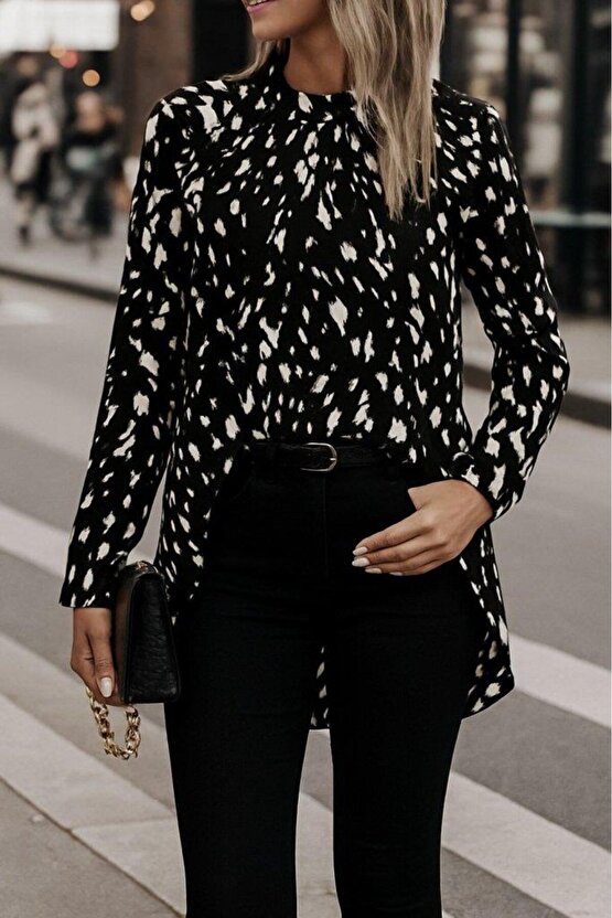 Kadın Uzun Kollu Yarı Balıkçı Yaka Desenli Dokuma Bluz