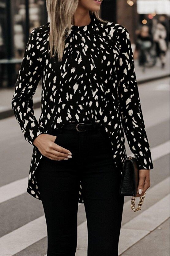 Kadın Uzun Kollu Yarı Balıkçı Yaka Desenli Dokuma Bluz