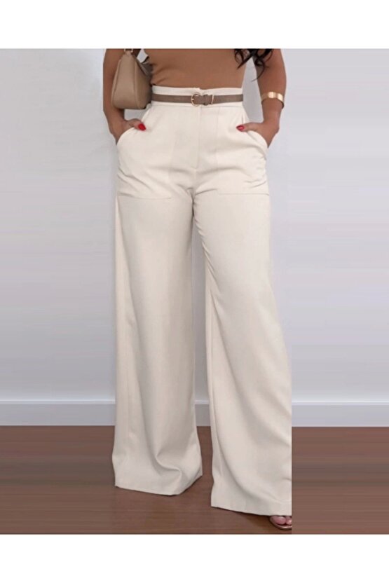 Kadın Yüksek Bel Geniş Paça Detaylı Cepli Ithal Krep Pantolon