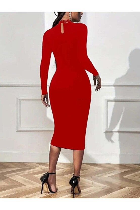 Kadın Uzun Kollu Balıkçı Yaka Taşlı Damla Detay Midi Ithal Krep Elbise