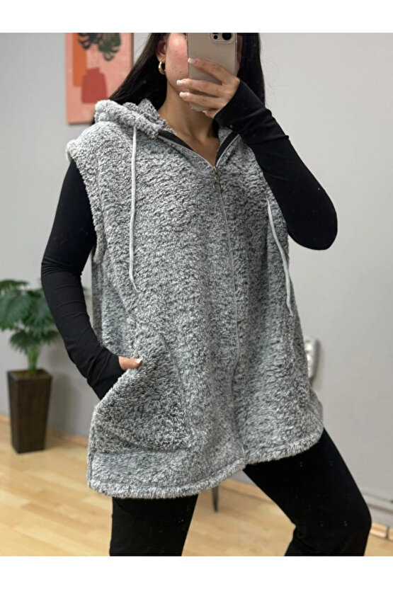 Kadın Kapüşon Ve Fermuar Detay Welsoft Kolsuz Yelek