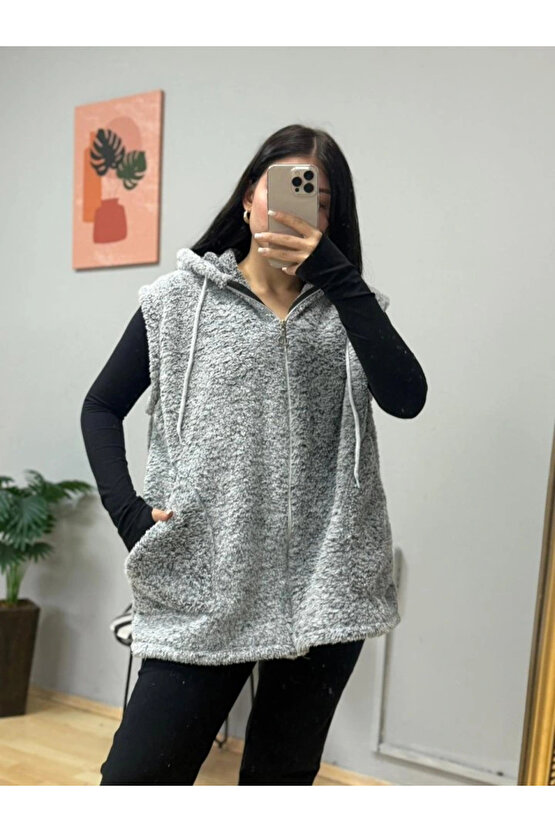 Kadın Kapüşon Ve Fermuar Detay Welsoft Kolsuz Yelek