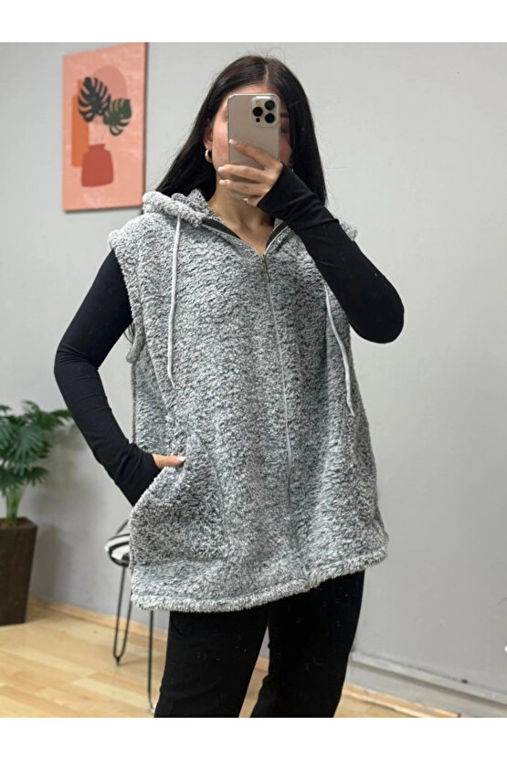 Kadın Kapüşon Ve Fermuar Detay Welsoft Kolsuz Yelek