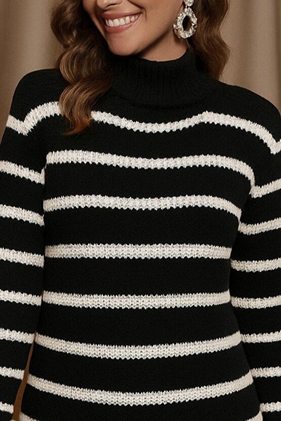 Kadın Uzun Kollu Degaje Yaka çizgili Sonya Iplik Mini Boy Triko Elbise (kemersiz)