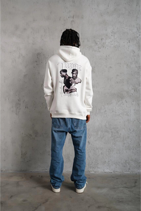 EQURİ Erkek Oversize Üç İplik Kapüşonlu Sweat – Kol Ve Etek Ribana Detaylı, Ön Ve Sırt Baskılı, Kang