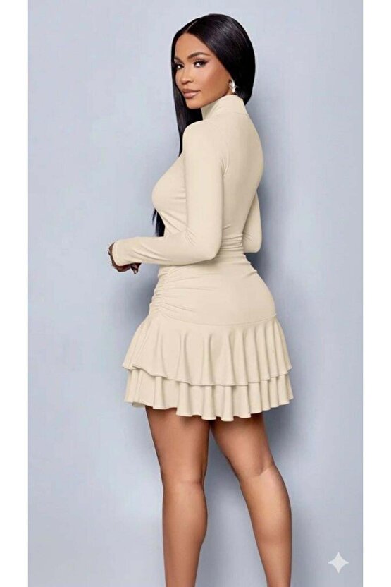 Kadın Uzun Kollu Balıkçı Yaka Mini Fırfırlı Sandy Elbise