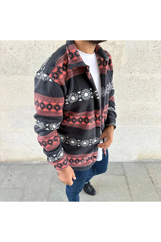 MDB Erkek Desenli Polar Gömlek – Etnik Şerit Desen Yakalı, Uzun Kollu, Düğmeli, Oversize Rahat Kalıp