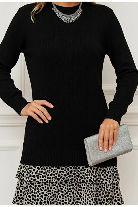 Kadın Uzun Kollu üst şardonlu Kaşkorse Alt Süprem Desenli Elbise