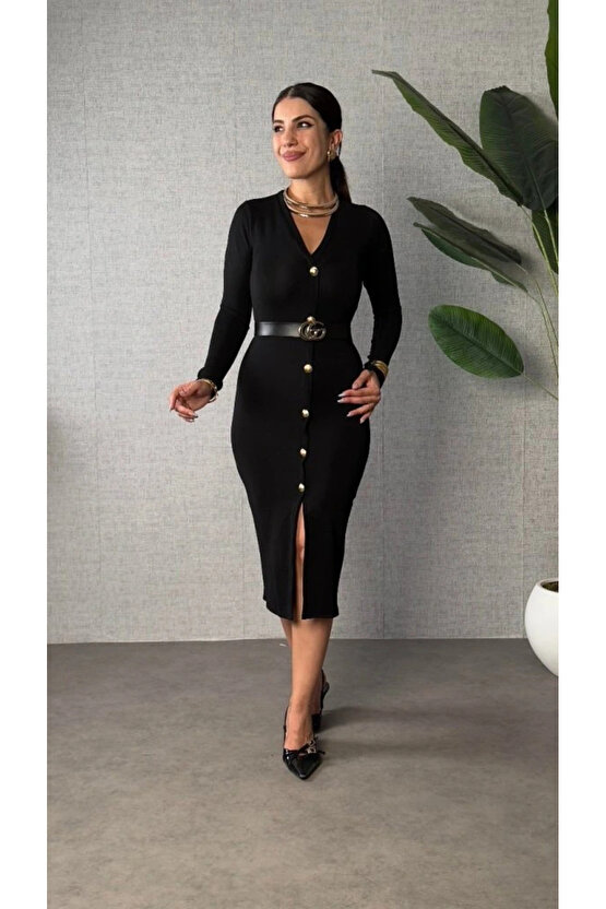 Kadın Uzun Kollu V Yakalı önden Düğmeli Yırtmaçlı Modal Midi Kemersiz Elbise