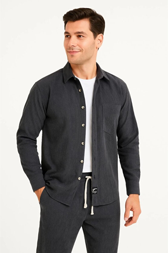 Erkek Kadife Oversize Takım – Gömlek Ve Pantolon İkili Set Füme Corduroy Şıklığı, Rahat Ve Zarif Dur