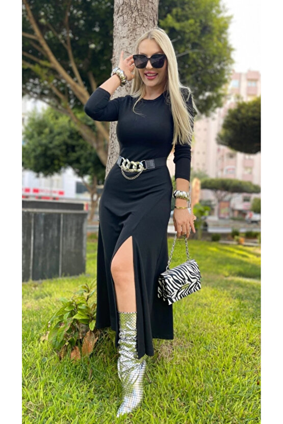 Kadın Uzun Kollu Bisiklet Yaka Yırtmaçlı Kemerli Uzun çilek Elbise