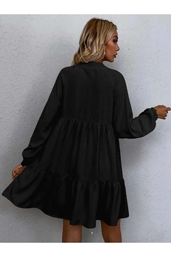 Kadın Uzun Kollu Yakadan Bağcıklı Fırfırlı Keten Mini Elbise