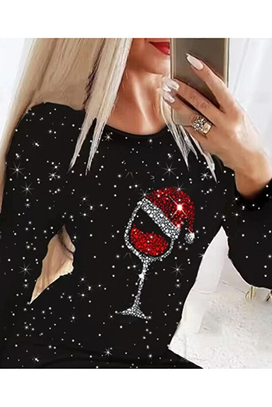 Kadın Uzun Kollu Taş Kadeh Baskı Mikro Kumaş Mini Boy Elbise (çorapsız)