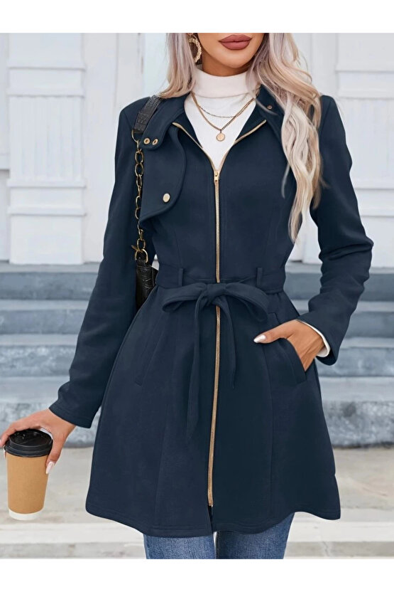 Kadın Uzun Kollu Boyundan Düğmeli Fermuarlı Beli Kuşaklı Süet Ceket