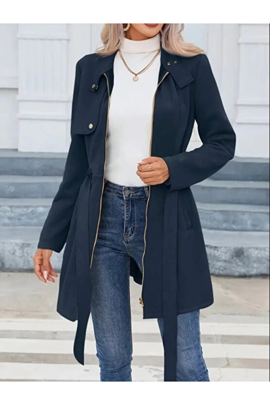 Kadın Uzun Kollu Boyundan Düğmeli Fermuarlı Beli Kuşaklı Süet Ceket