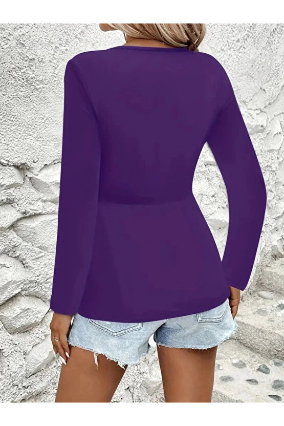 Kadın Uzun Kollu Dekolteli Sarmal Detaylı Viskon Bluz