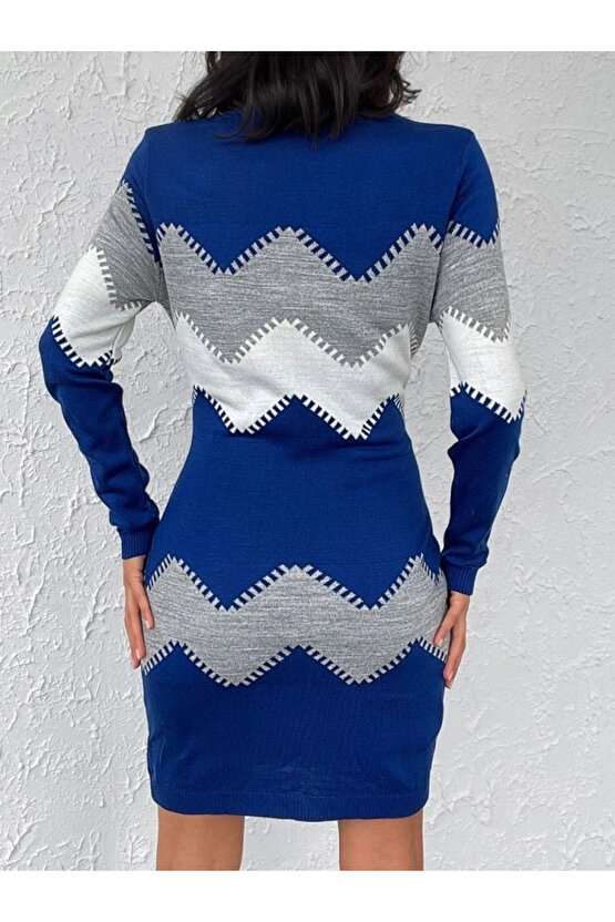 Kadın Uzun Kollu Zigzag Desen Triko Elbise