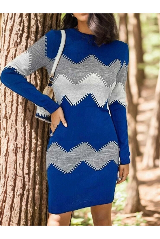 Kadın Uzun Kollu Zigzag Desen Triko Elbise