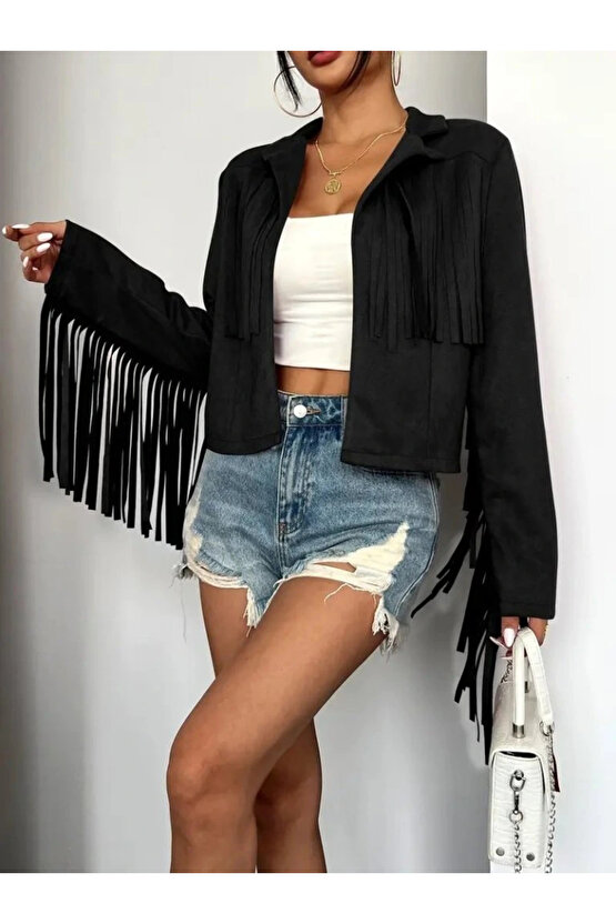 Kadın Uzun Kollu Yakalı Kısa Püsküllü Süet Ceket