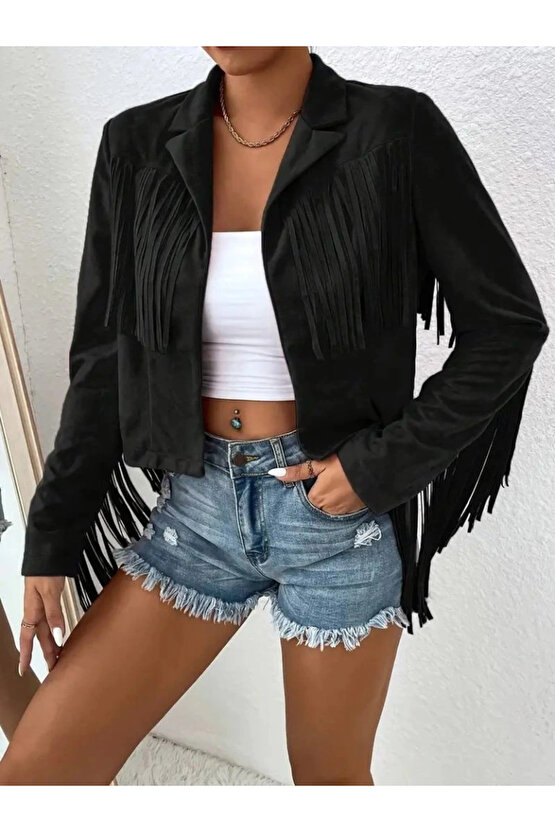 Kadın Uzun Kollu Yakalı Kısa Püsküllü Süet Ceket