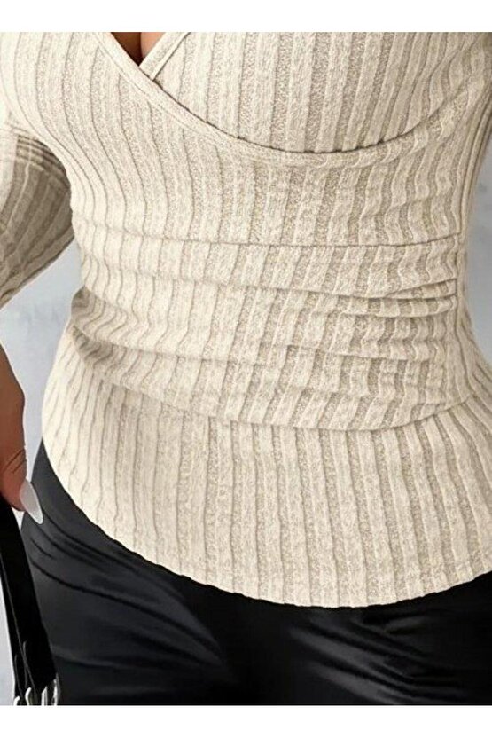 Kadın Uzun Kollu Kruvaze Yakalı Incili şardonlu Kaşkorse Bluz