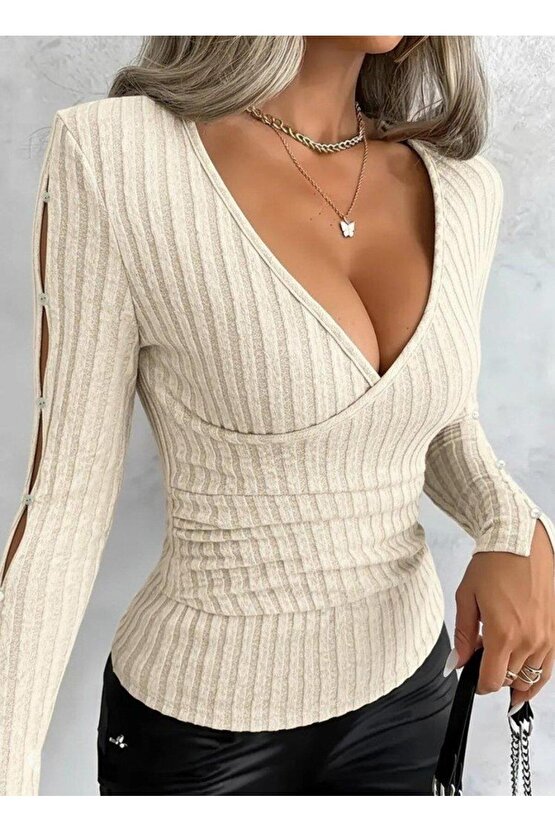 Kadın Uzun Kollu Kruvaze Yakalı Incili şardonlu Kaşkorse Bluz