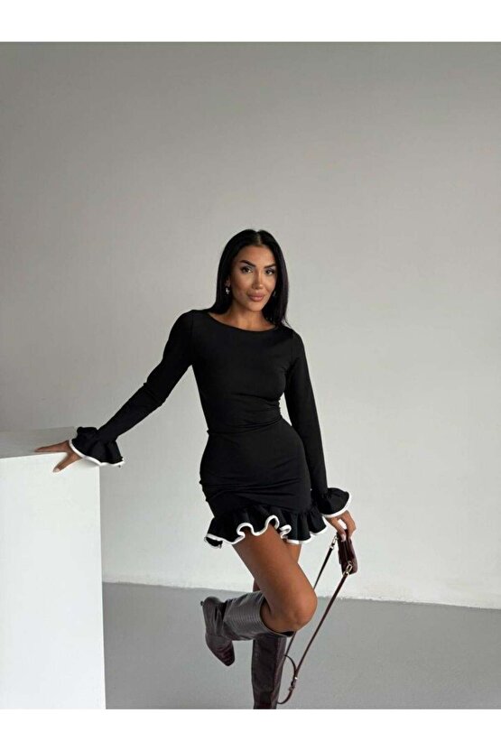 Kadın Uzun Kollu Biye Ve Volan Detaylı Dalgıç Kumaş Mini Elbise