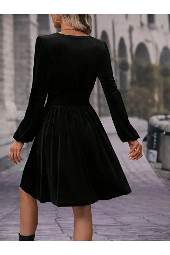 EQURİ Kadın Uzun Kollu Kruvaze Yaka Beli Lastikli Kiloş Kadife Elbise