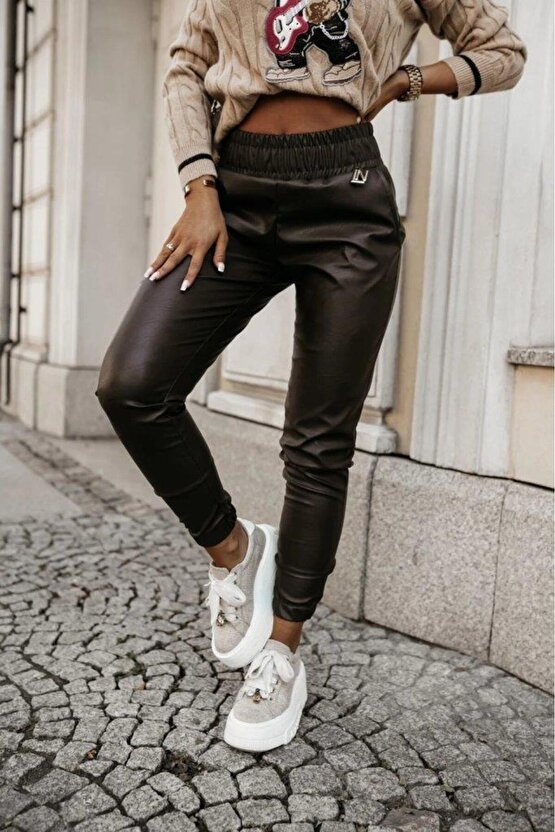 Kadın Yüksek Bel Lastikli Cepli Deri Pantolon