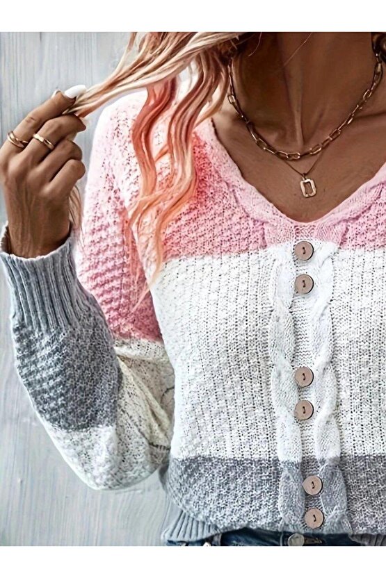 Kadın Uzun Kollu V Yakalı önden Düğmeli çok Renkli Bluz