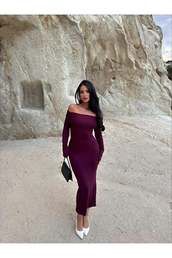 Kadın Uzun Kollu Madonna Yaka Midi Boy Elbise