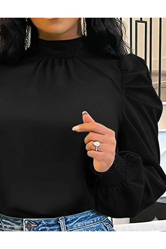 Kadın Uzun Kollu Balıkçı Yaka Arkadan Bağlamalı Omuzlardan Balon Ithal Krep Bluz