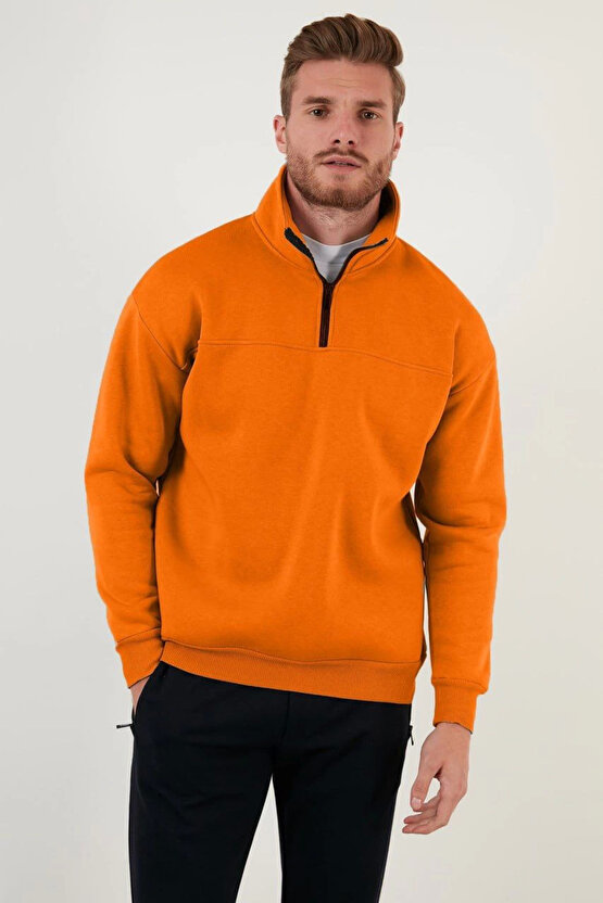 Velmora Oversize Yarım Farmuarlı Yakalı Basic SweatShirt - Turuncu -
