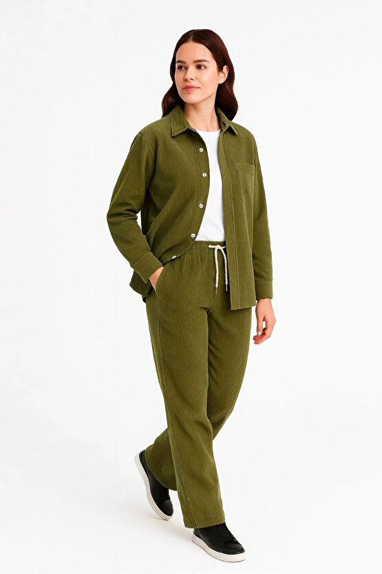 Kadın Kadife Oversize Takım – Gömlek ve Pantolon İkili Set Füme Corduroy Şıklığı, Rahat ve Zarif Dur