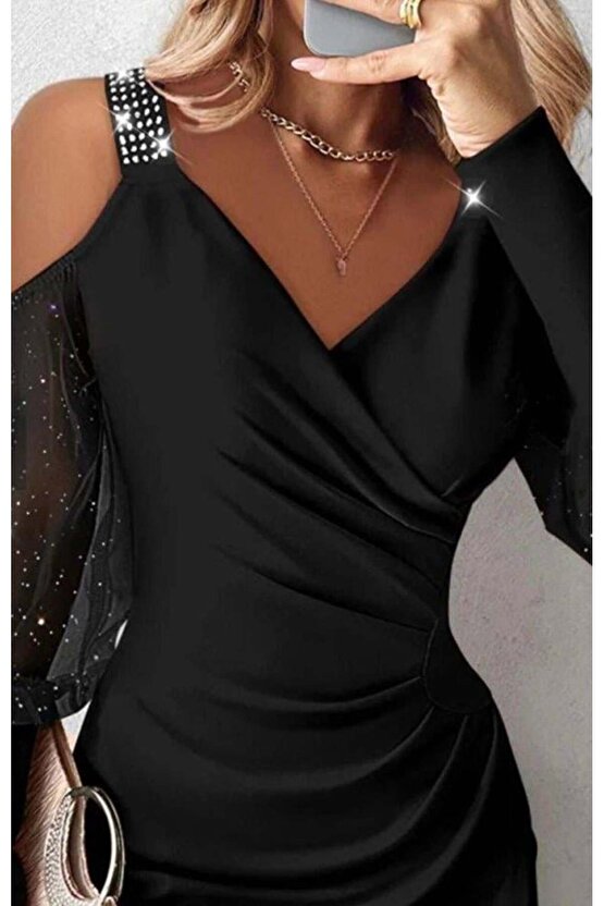 Kadın Kruvaze Yaka Omuz Ve Sırt Dekolteli Taş Detay Mini Elbise