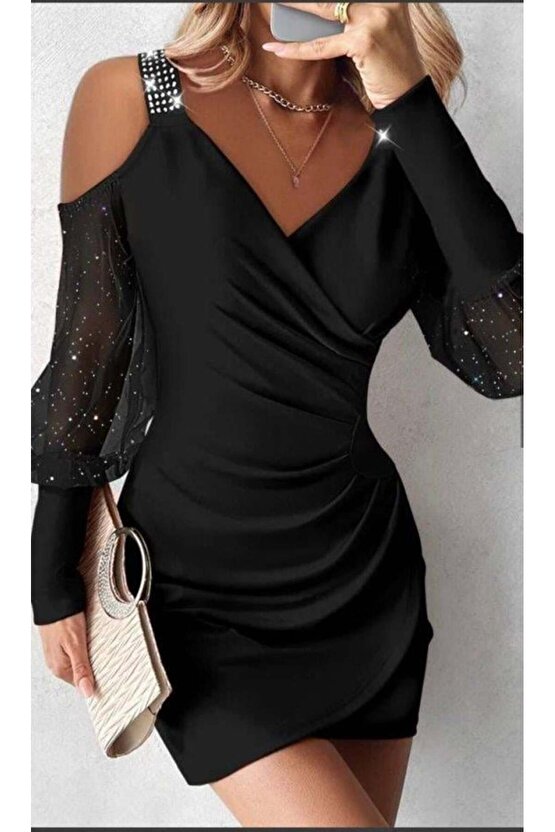 Kadın Kruvaze Yaka Omuz Ve Sırt Dekolteli Taş Detay Mini Elbise