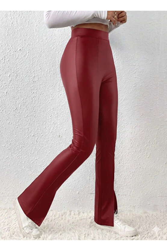 MDB Kadın Yüksek Bel önden Yırtmaçlı Deri Tayt