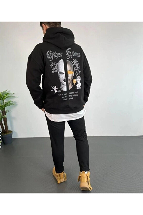 Erkek Kapşonlu Sweatshirt – Oversize Üç İplik Şardonlu Hoodie, Other Lives Ön & Arka Baskılı, Kang
