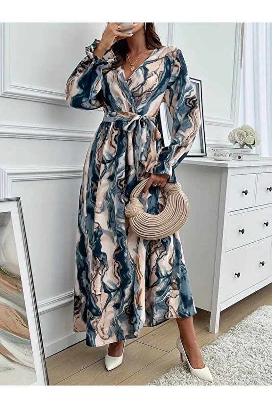 Kadın Uzun Kollu Kruvaze Yakalı Beli Kuşaklı Desenli Süprem Maxi Elbise