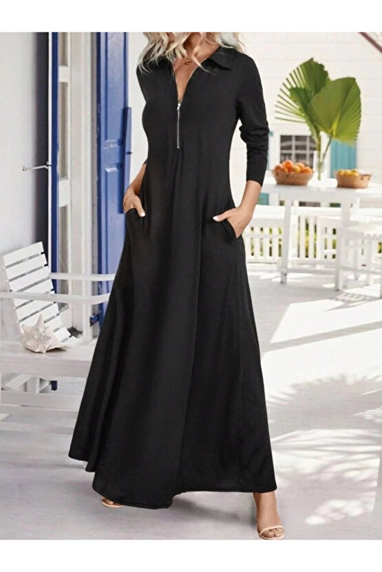 Kadın Uzun Kollu Yakalı önden Fermuarlı Uzun Viskon Iki Iplik Elbise